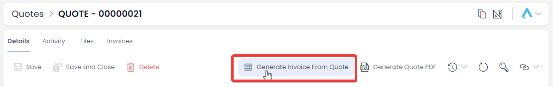 A screenshot showing the &quot;Generate Invoice from Quote&quot; button in the Command Bar of a quote item page. The screenshot is annotated with a red box to highlight the location of the button. The button has an icon of a database table.
